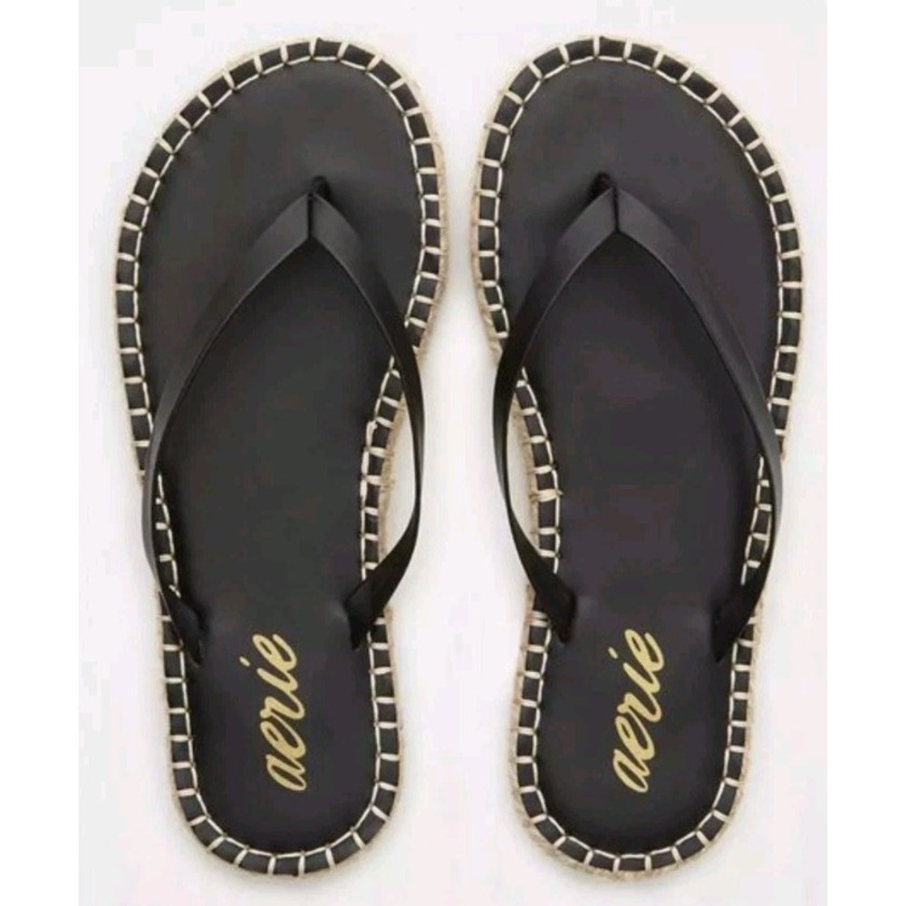 Aerie Sandals Women 7 Espadrille Black Toe-Post Comfort Casual Low Top Flats